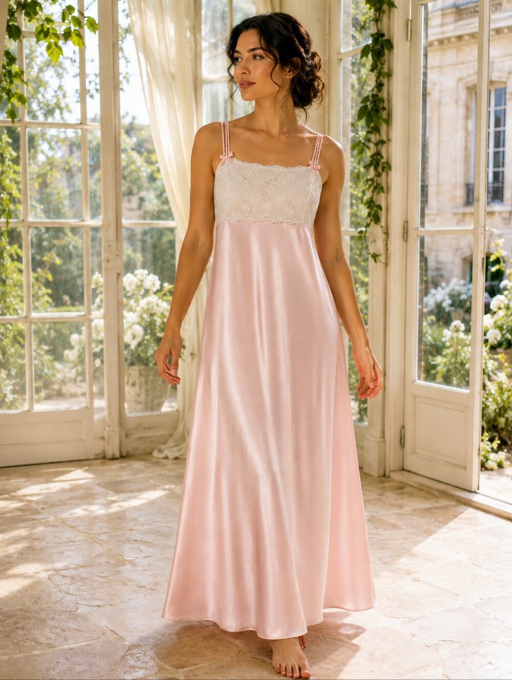 Oscar de la Renta Pink Satin Floral Lace Maxi Nightgown Slip M Vintage